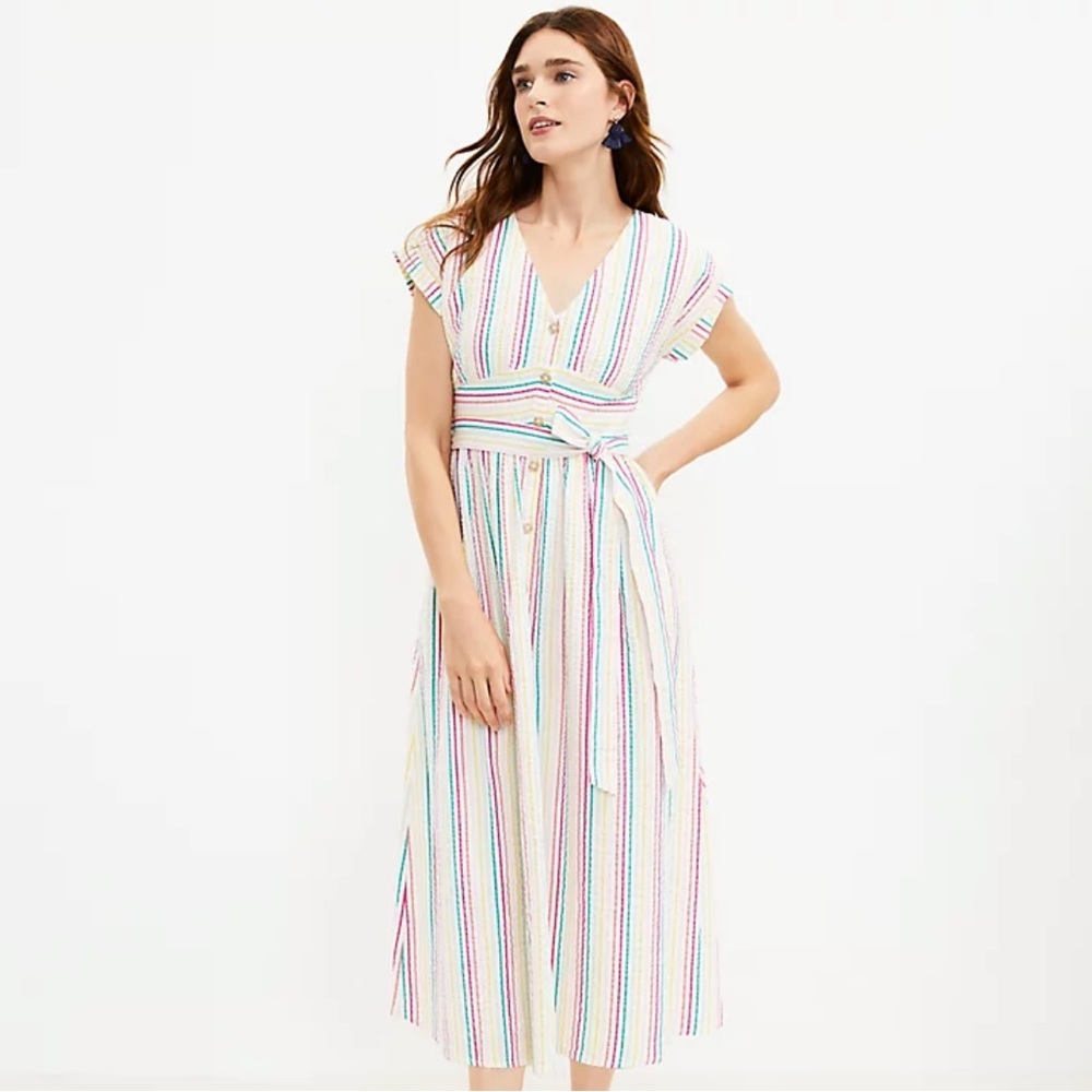 ✅The LOFT Petite Striped Button Tie Waist Midi Dress